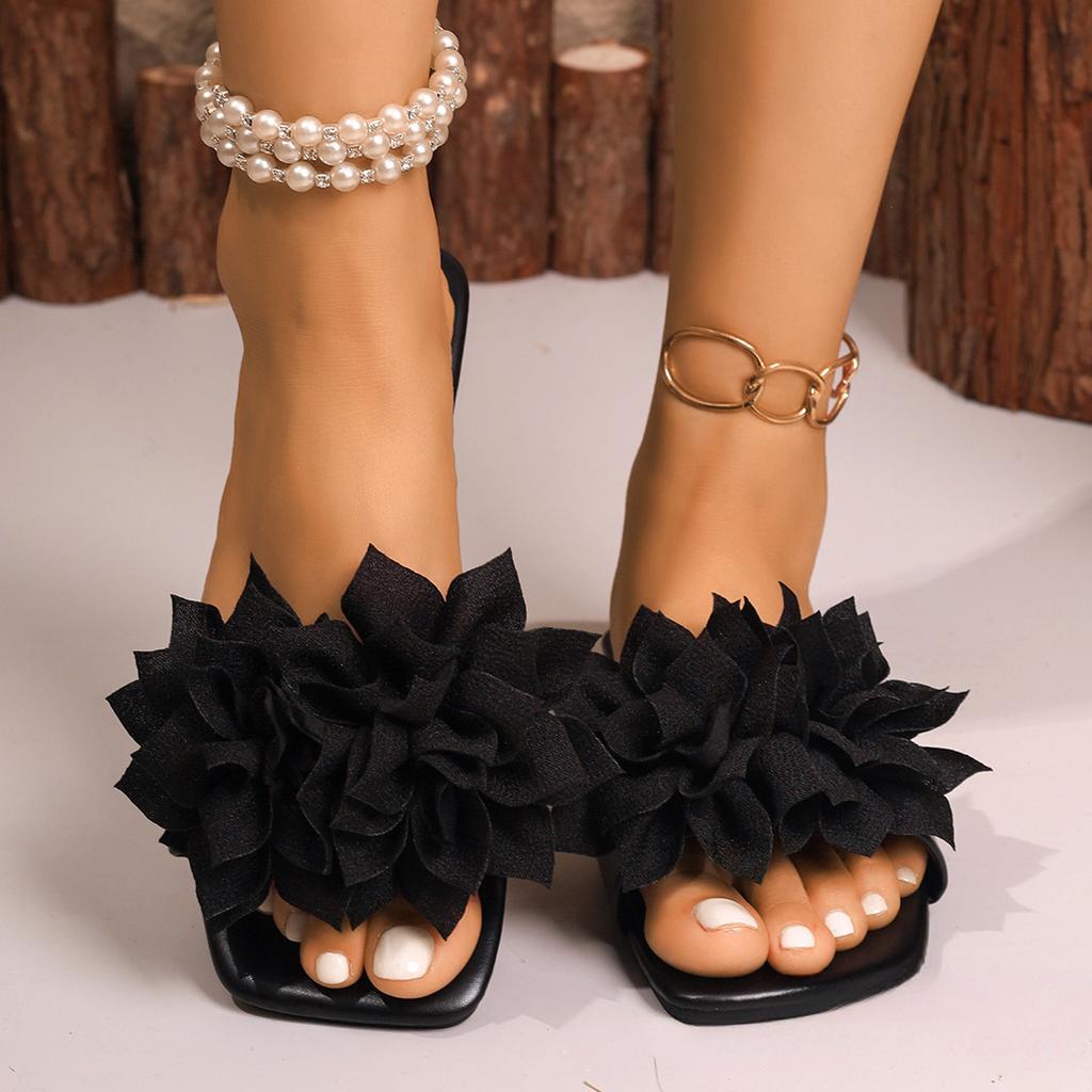 Solid Color Flower Square Headed Flat Bottomed Sandals for Women's Summer New Fashionable Casual Beach Sandals