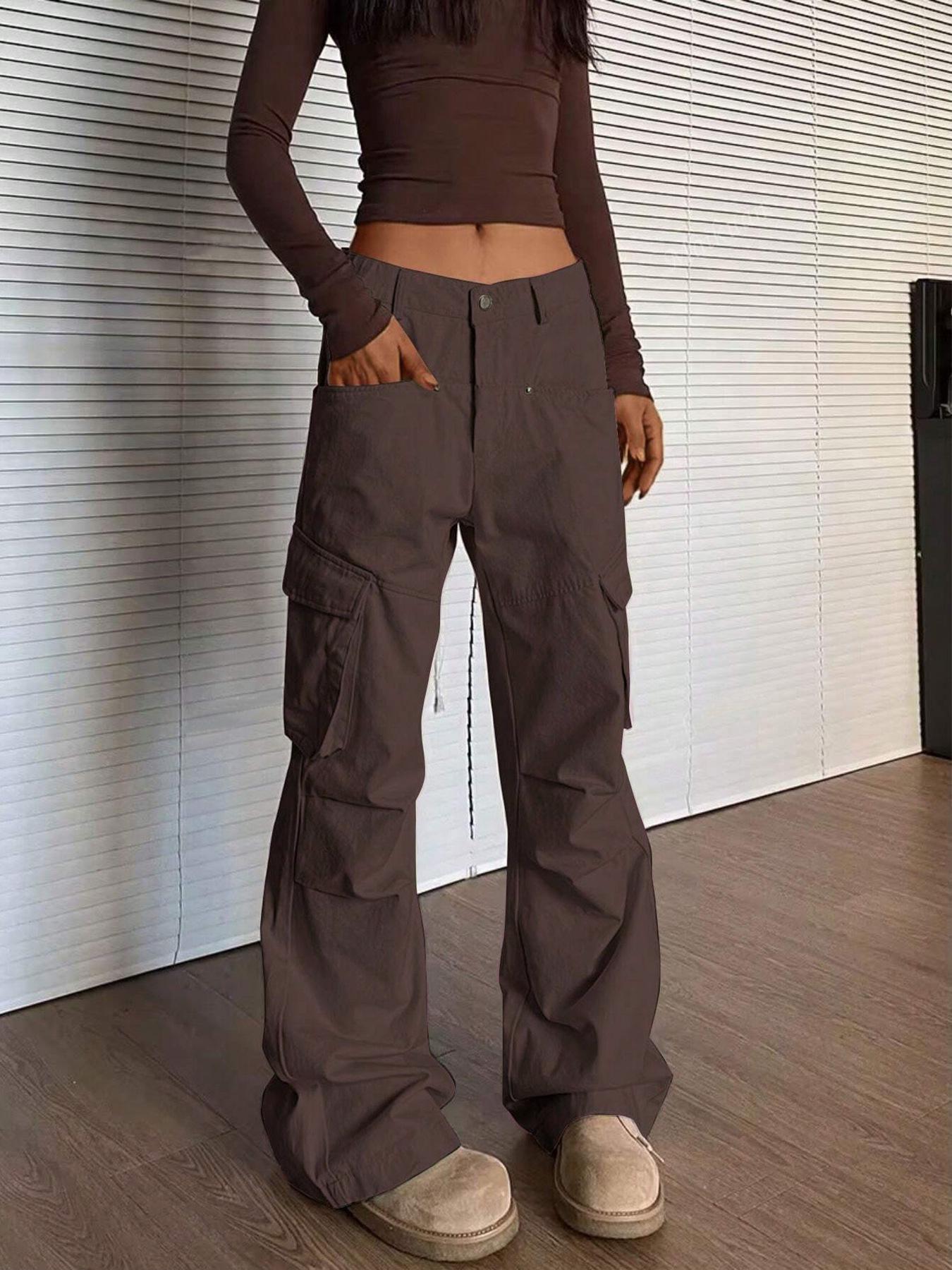 

European & American Women s Elegant Solid Color Mid-Rise Cargo Pants - Loose Fit, All-Season Comfort, Straight Leg (Style 8135) Extra Large кофейный