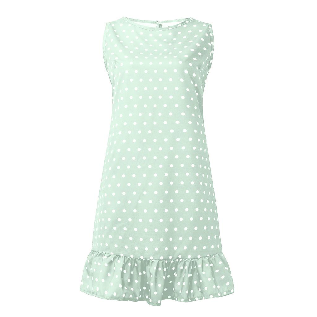 Women's Summer Fashion Casual Dot Print  O-neck Sleeveless Loose Ruffle Stitching A-line Dress