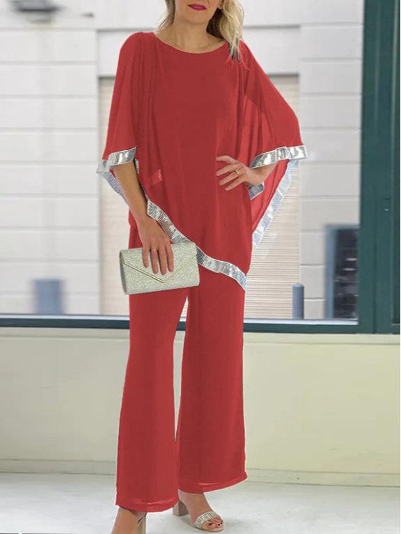 2025 Autumn Sequin Batwing Top & Wide Leg Pants Set - Round Neck, Two-Piece Ensemble