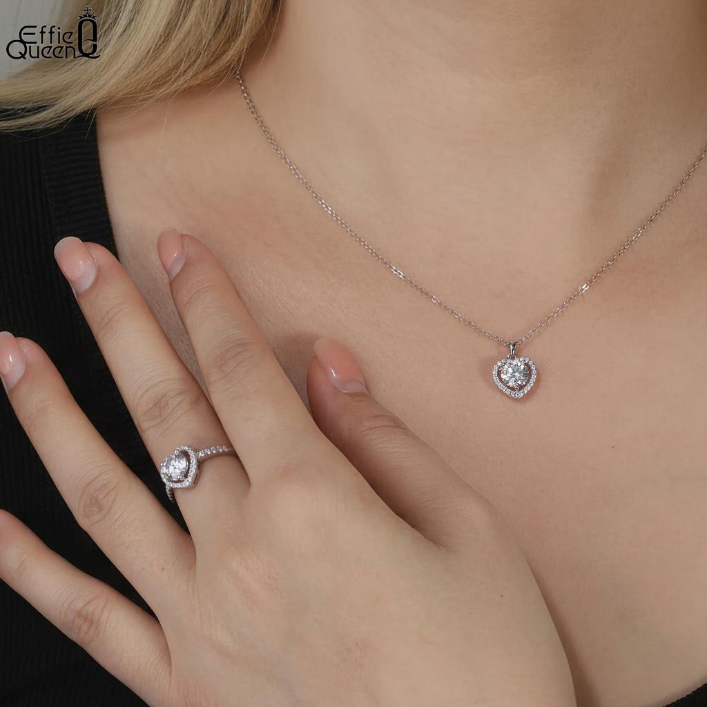 Effie Queen Genuine 925 Silver 1ct Heart-Cut Moissanite Diamond Ring Romantic Jewelry for Women Wedding Valentine's Gift MOR14