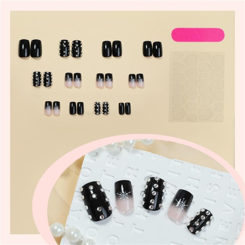 24 Pcs Gradient French Artificial Nail Christmas False Nail Winter Snowflake Stick On Nail Rhinestones Press On Nail