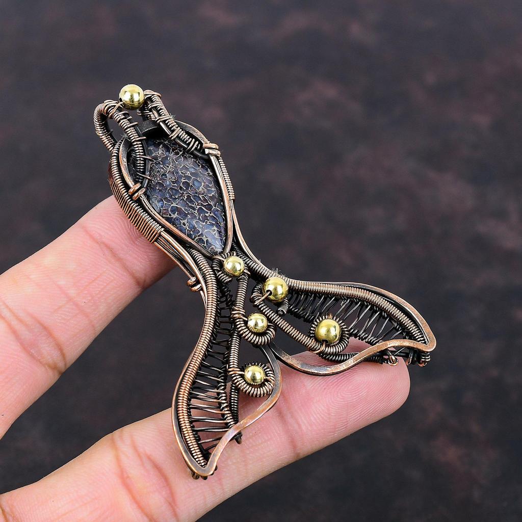 Dinosaur Bone Pendant Copper Wire Wrapped Pendant Fish Pendant Dinosaur Bone Gemstone Jewelry Handmade Boho Pendant Copper Jewelry For Gift