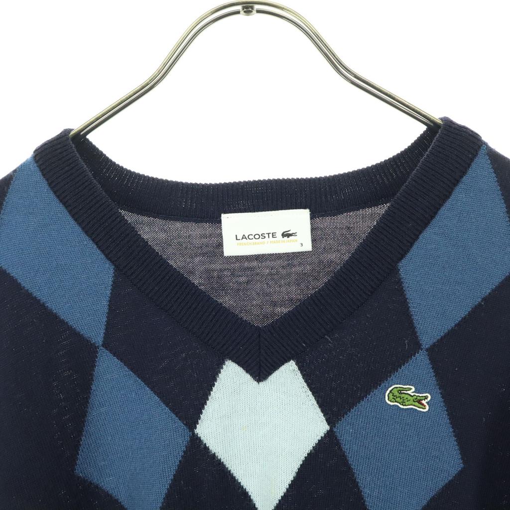 Lacoste One-point Logo Argyle Pattern Long Sleeve V Neck Sweater 3 Navy Men's Used
