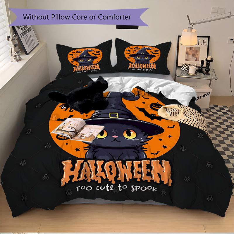 3pcs Cute Happy Halloween Cat Witch Hat Bedding Set - 1 Soft Quilt Cover + 2 Pillowcases, Machine Washable - Suitable for All Seasons, Perfe