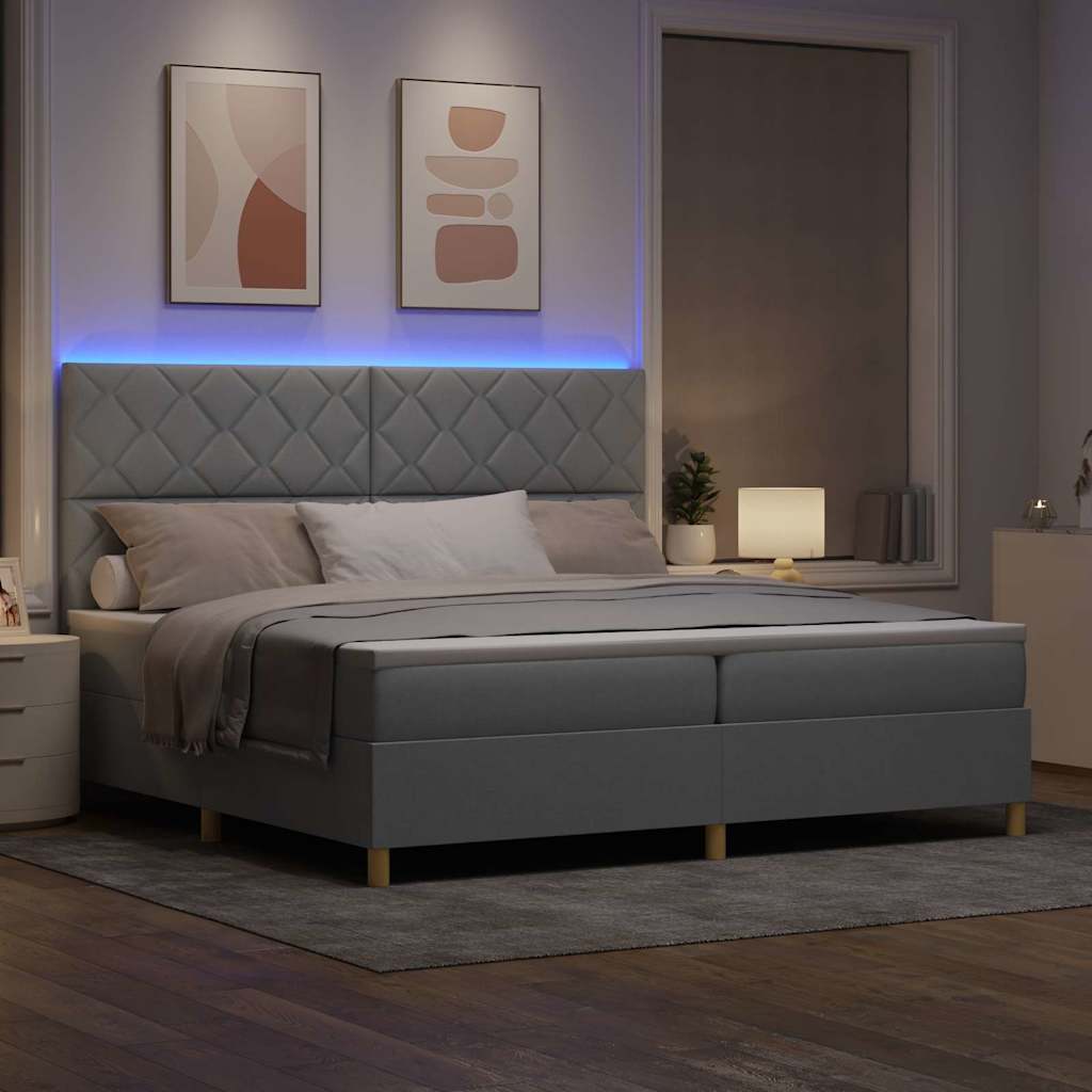 LED Box Spring Bed with Mattress Light Grey 200 x 200 cm Fabric