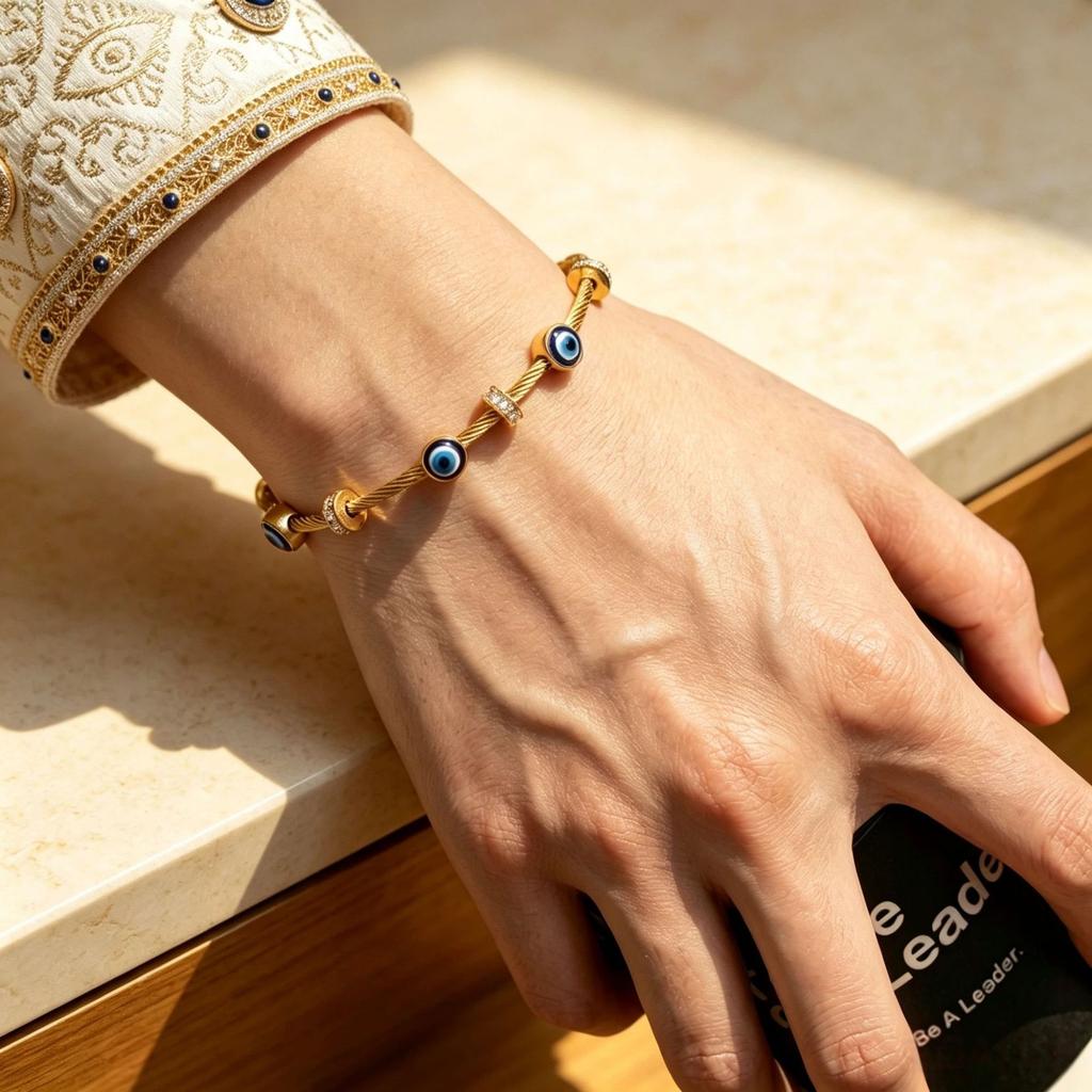 European and American literary retro stainless steel zirconium blue eye devil's eye bracelet plated with 18k gold adjustable bracelet