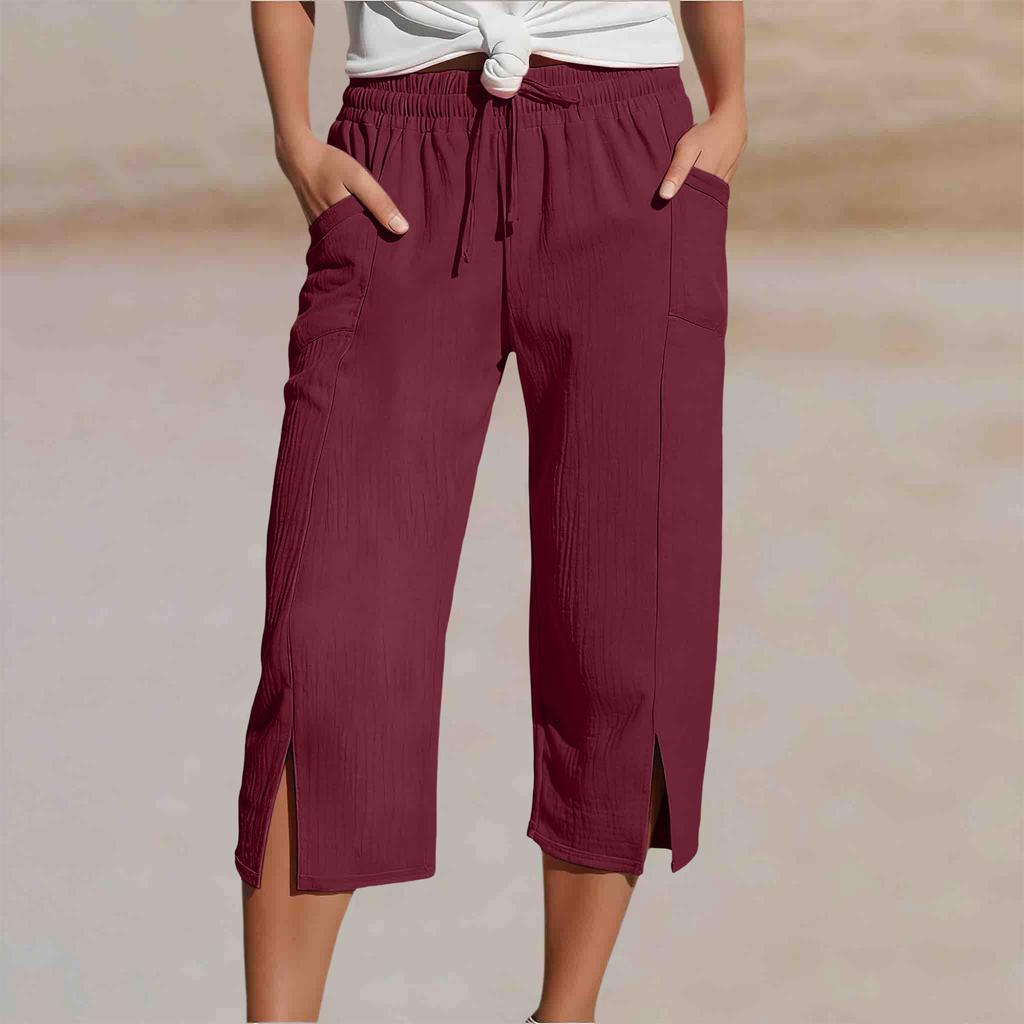 Women's Fashion  Color Drawstring Split Leg With Pockets Loose Casual Seven-Eighths 7/10 Pants