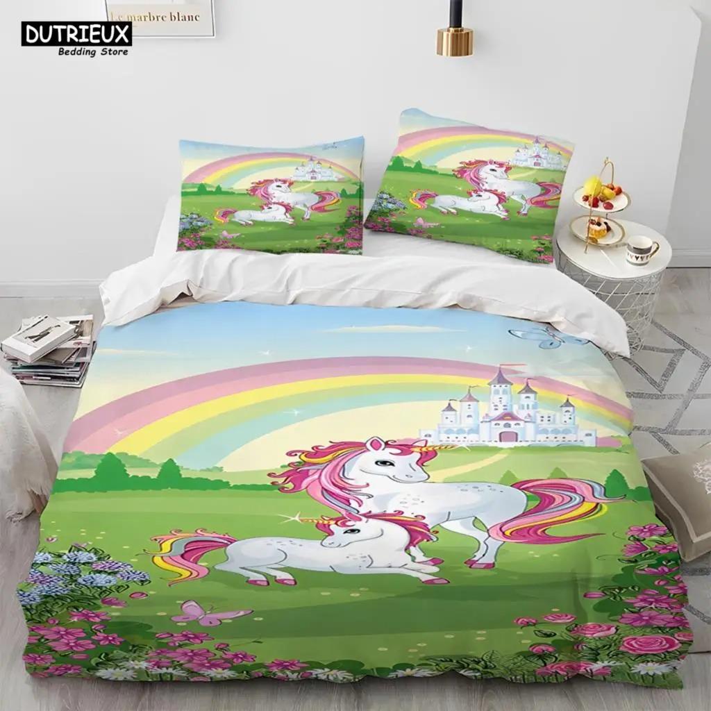 Einhorn Niedlich Cartoon Bettdecke Bettwäsche Set,Bettbezug Bett Set Bettdeckenbezug Kissenbezug,Queen Bettwäsche Set