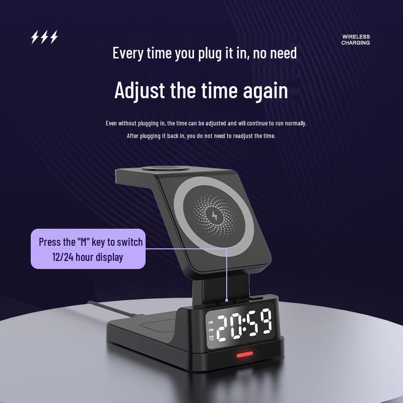 3-in-1 Wireless Charger: Alarm Clock, Magnetic Phone Stand, Fast Charging for Apple Watch & Earphones