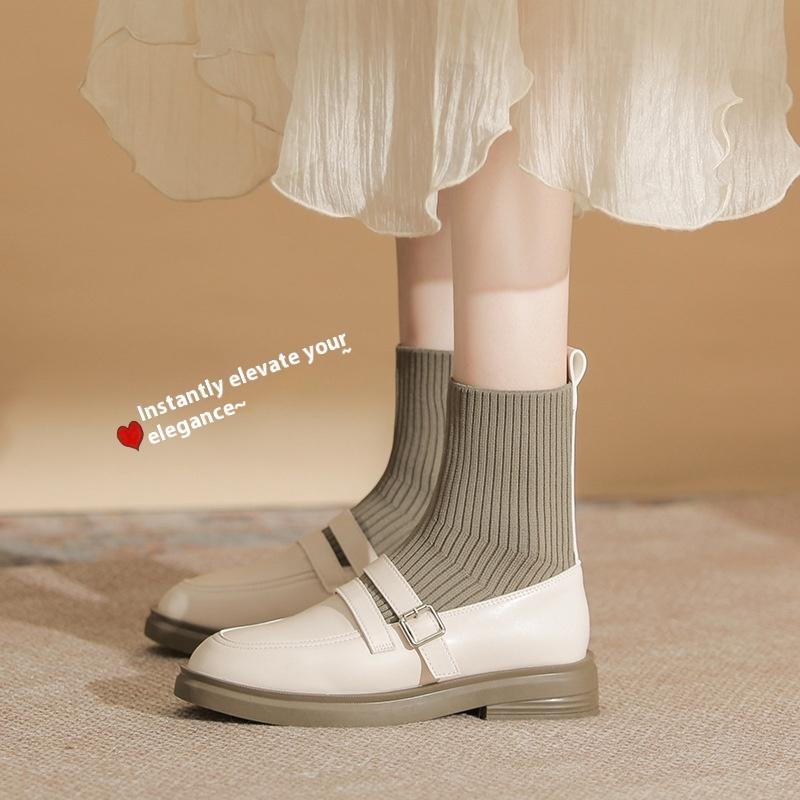 Плоские ботильоны Осенне-зимние носки-ботинки для женщин Универсальные вязаные эластичные ботинки 34