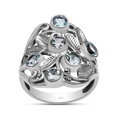 Natural Blue Topaz 4X4 Mm Round Gemstone 925 Sterling Silver Leaf Filigree Design Ring For Women & Girls