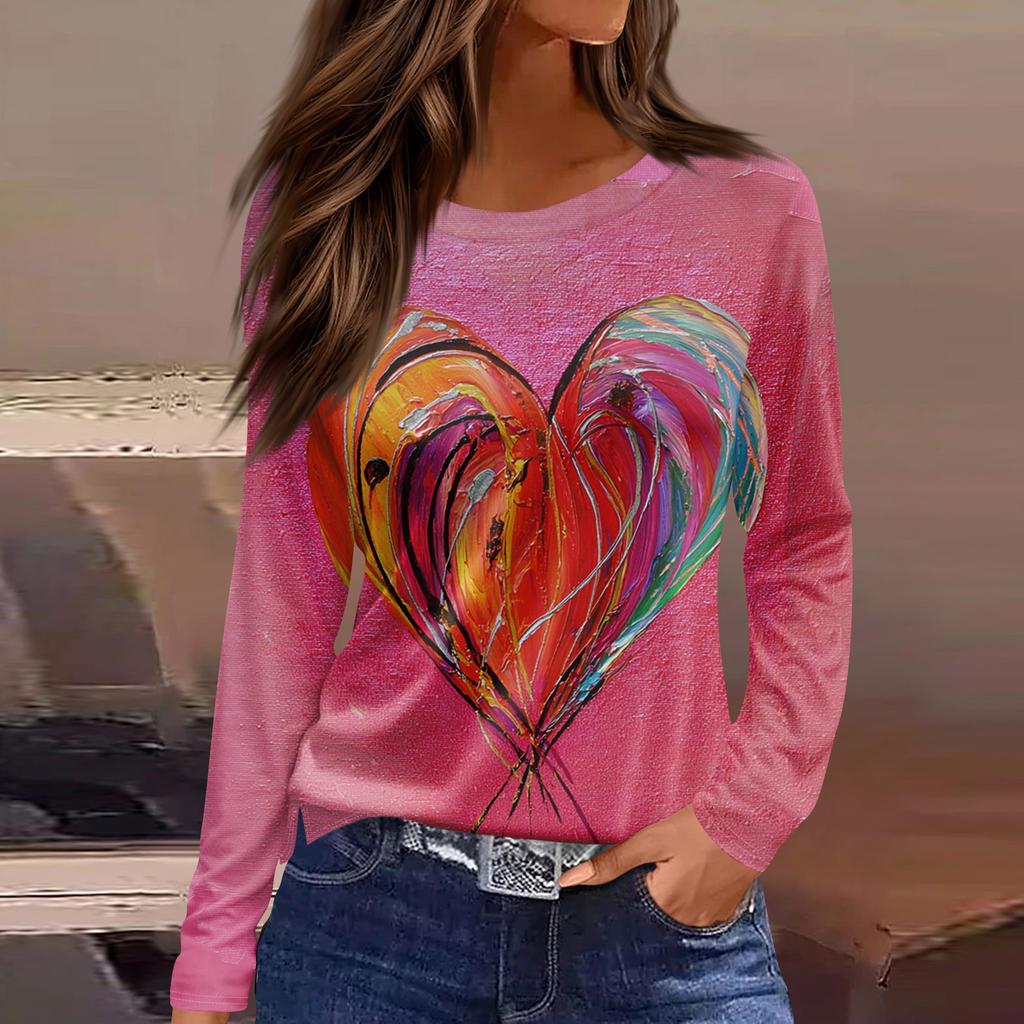 Women's Fashion Casual Slit Hem Round Neck Long Sleeve Loose Printed T-Shirt Ladies Top