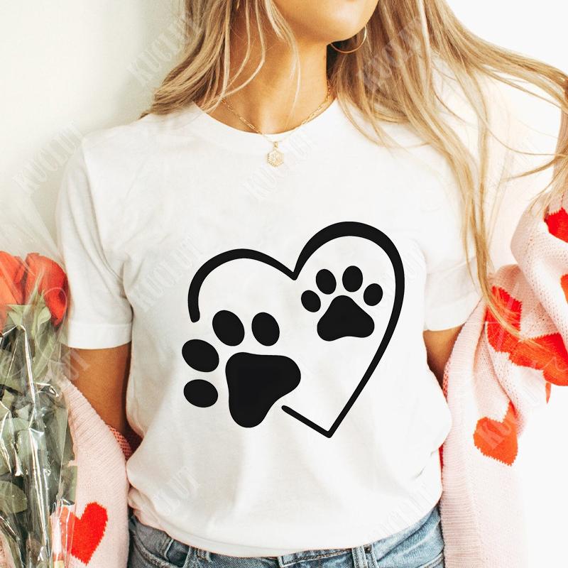 Funny Heart  Dog Paw Print Women Tshirts Fashion Summer Ladies Tshirts Short Sleeves Clothes Love Heart Fashion Casual Shirts