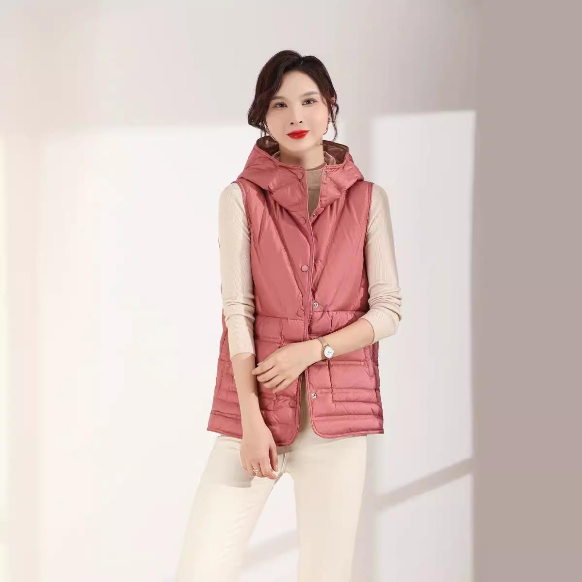 

Женская легкая термокуртка без рукавов с капюшоном из белого утиного пуха, универсальная двусторонняя шикарная жилетка XXL розовый