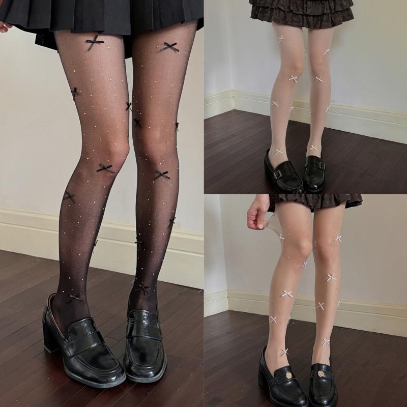 Aesthetic Sparkly Rhinestones Bowknot Sheer Pantyhose Stockings Women Thin See Through Silky Tights Shimmering Leggings