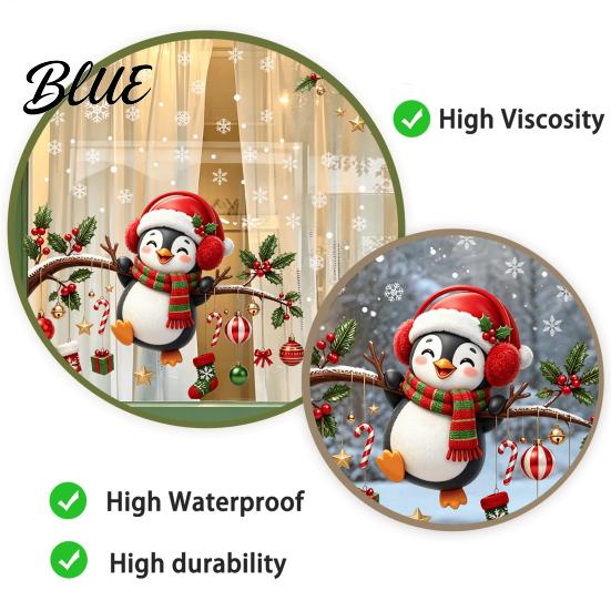 PVC Static Sticker Sheets Christmas Window Cling, Penguin Decal with Holly Baubles Snowflakes, Holiday Glass Decorations Festive Decor for Home Living