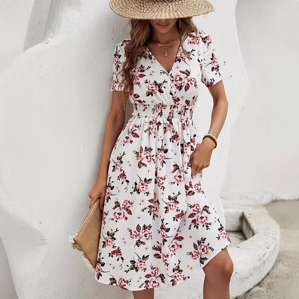 JKASHDK Women's Fashion Summer Spring Flower Pattern Print Short Sleeve V-Neck High Waist Casual Dresses