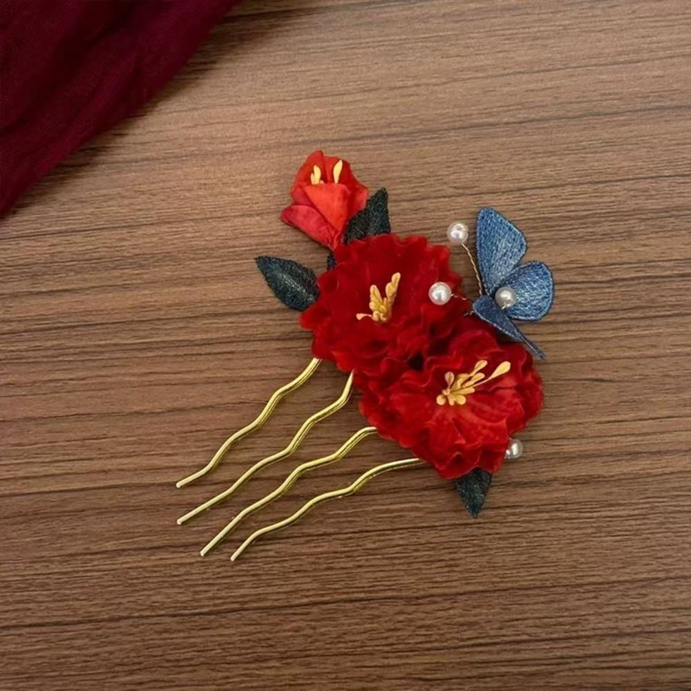 Pearl Wooden Hair Stick Tassel Hanfu Hairpin Classical Red Flower Hair Clip  Hair Chopstick