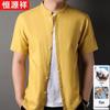 Hengyuanxiang Men's Cotton Linen Short-Sleeve Mandarin Collar Shirt