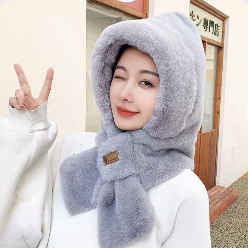 Bear hat plush scarf female winter cute winter scarf two-piece set hooded integrated ear hat warm tide