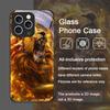 Luxurious Golden Flame Lion Pattern Tempered Glass Phone Case for IPhone 16 Pro Max 15 14 13 12 Mini 11 PRO XS XR 7 8 Plus Cover