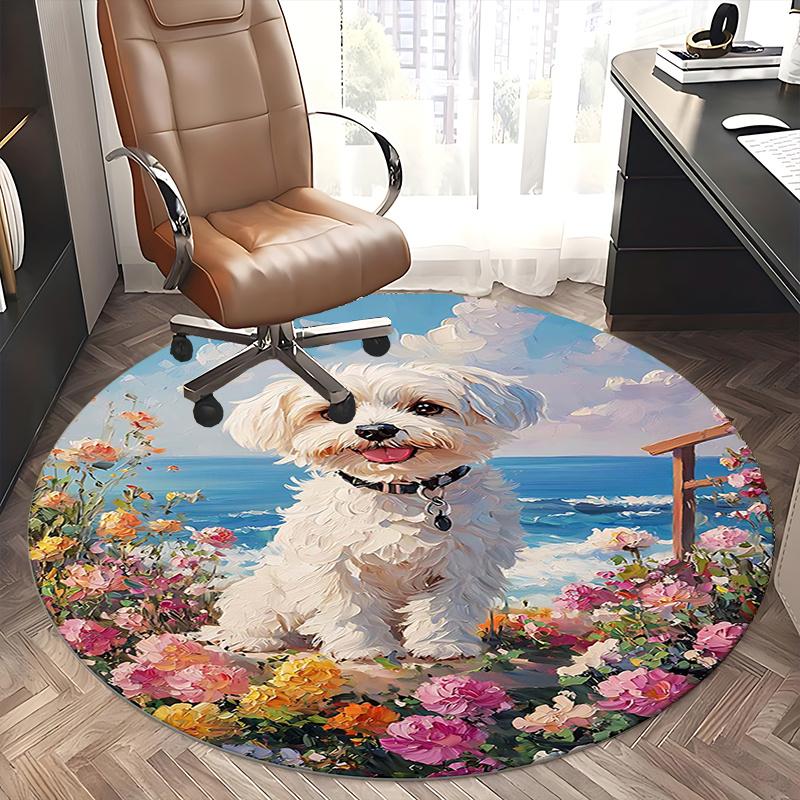 Floral Garden Dog,Ocean View Pet Chair Mat Round Rug Office Carpet, Non Slip, Suitable for Living Rooms, Bedrooms Decor.1205180a