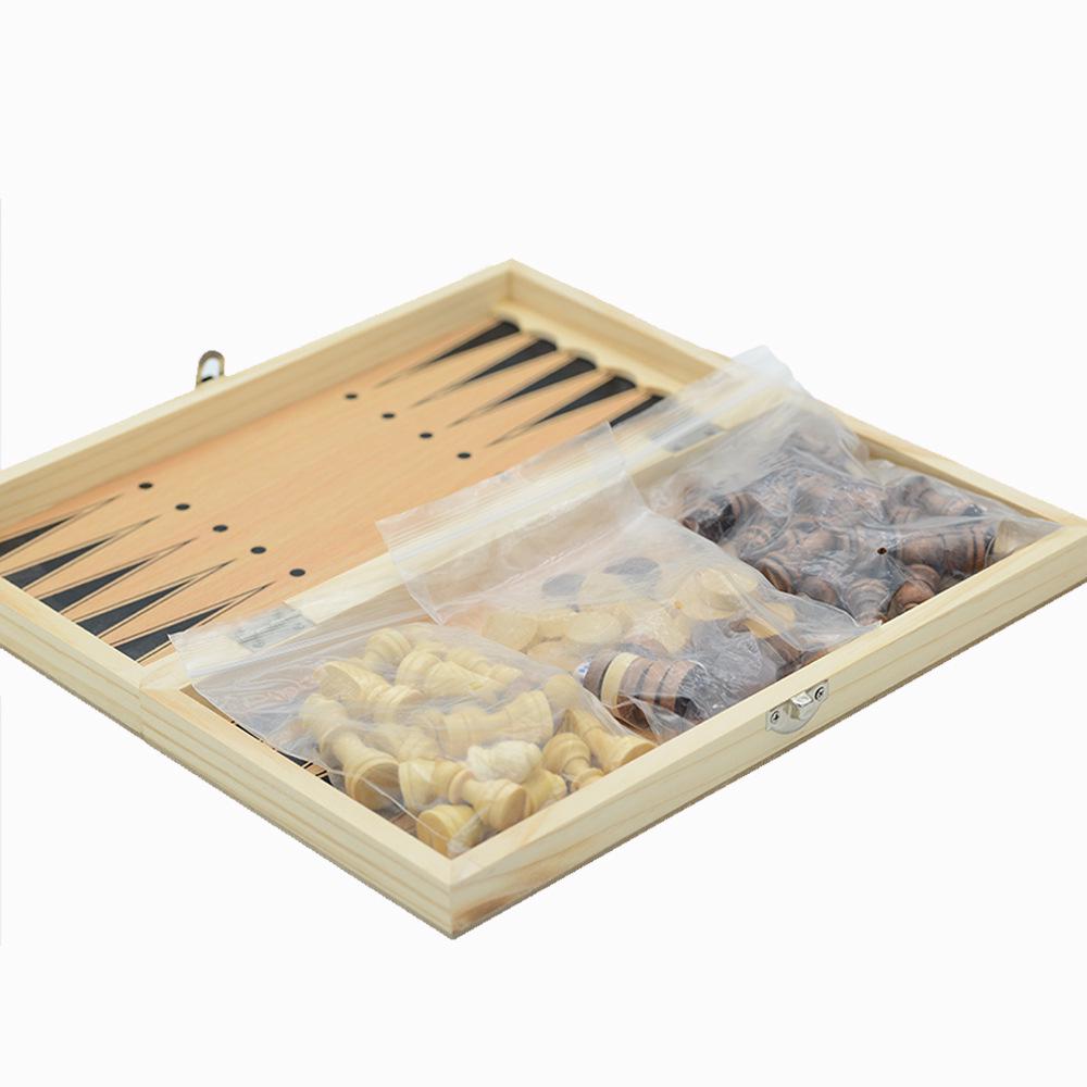 Set de joc pliabil din lemn 3-în-1 Șah, Cărți și Puzzle - Jucărie portabilă de strategie