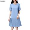 Women Casual Round Neck Solid Color Half Sleeve Pleated Dress
