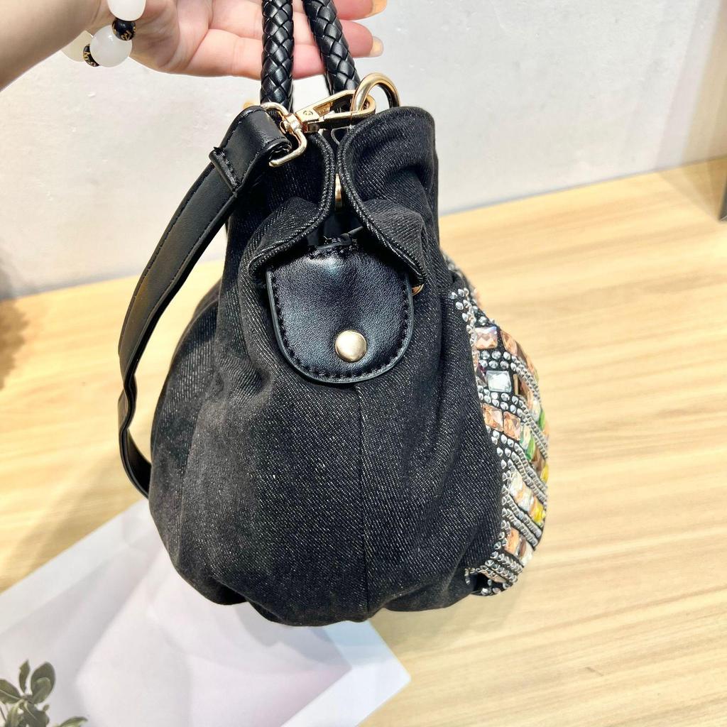 Mini Borsa a Tracolla Coreana, Borsa in Tela Denim con Borchie di Strass, Borsa a Spalla Fashion Donna Casual Chic