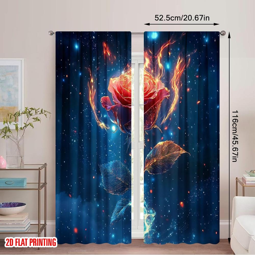 2pcs 2D flat printing Curtain A burning rose Polyester Fabric Without Electricity Holiday Decorations Use for Outdoor Holiday