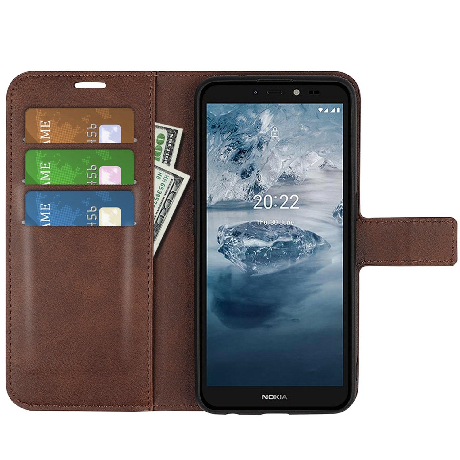 

For Nokia C2 2nd Edition Square Magnetic Clasp PU Leather Stand Folio Flip Case Wallet Shockproof Cover Brown