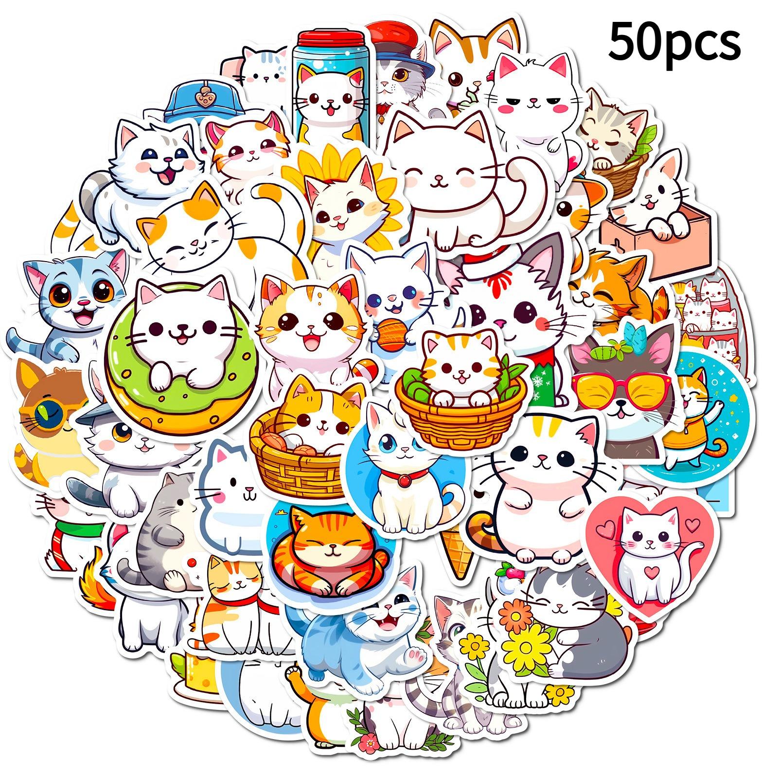 50pcs Cute Cartoon Cat Doodle Stickers | Vinyl, Mixed Color, Single Use, Ideal for Scrapbooking and Planners - Reward Gift