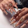 24Pcs Long Square Press On Nails Leopard Print French 3D Cherry Design False Nail Rhinestone Wearable Full Cover Fake Nails Tips