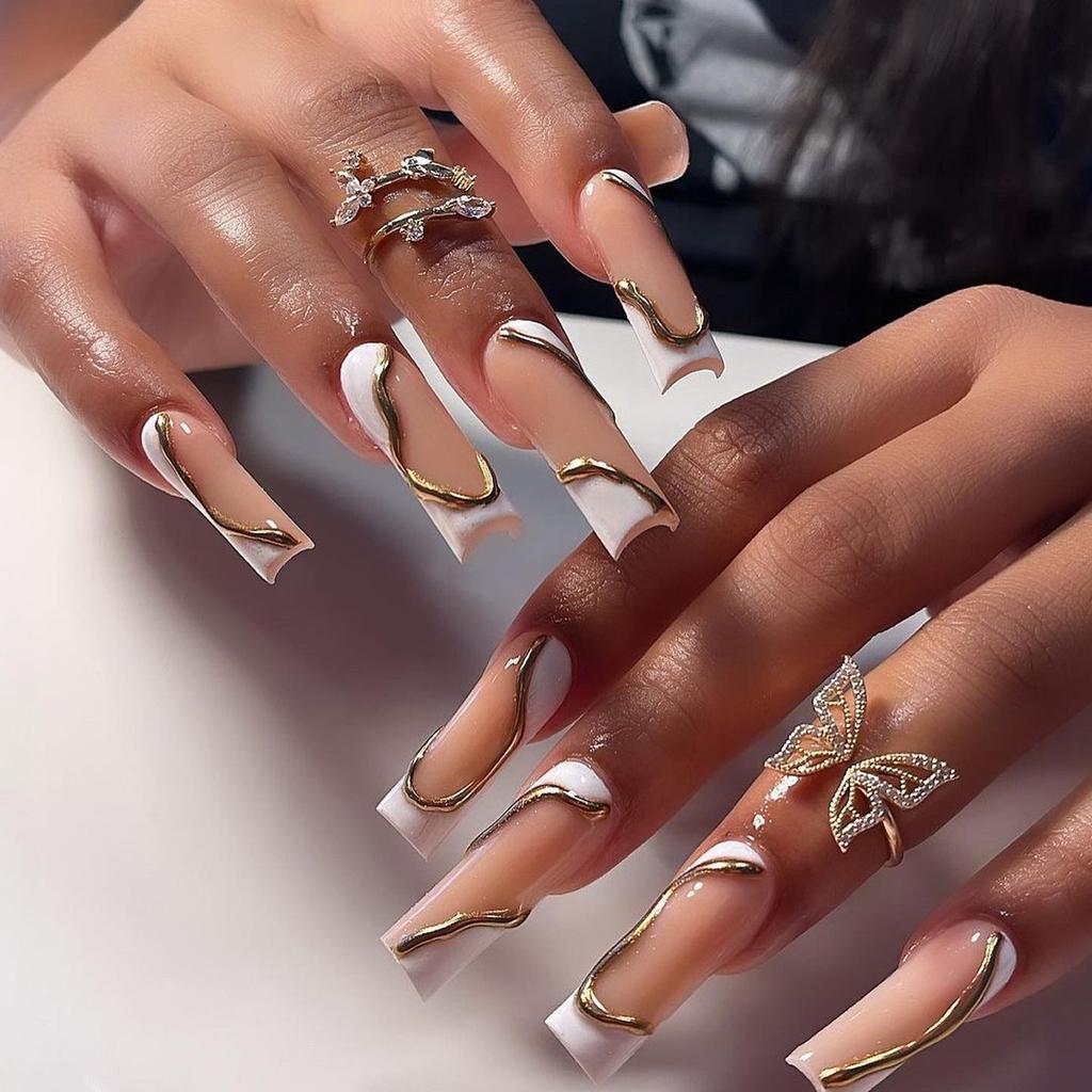 24Pcs Long Square Press On Nails Leopard Print French 3D Cherry Design False Nail Rhinestone Wearable Full Cover Fake Nails Tips