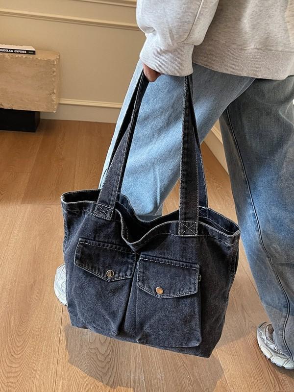 Denim Tote Bag For Women With Large Capacity And Zip Closure For Daily Commute
