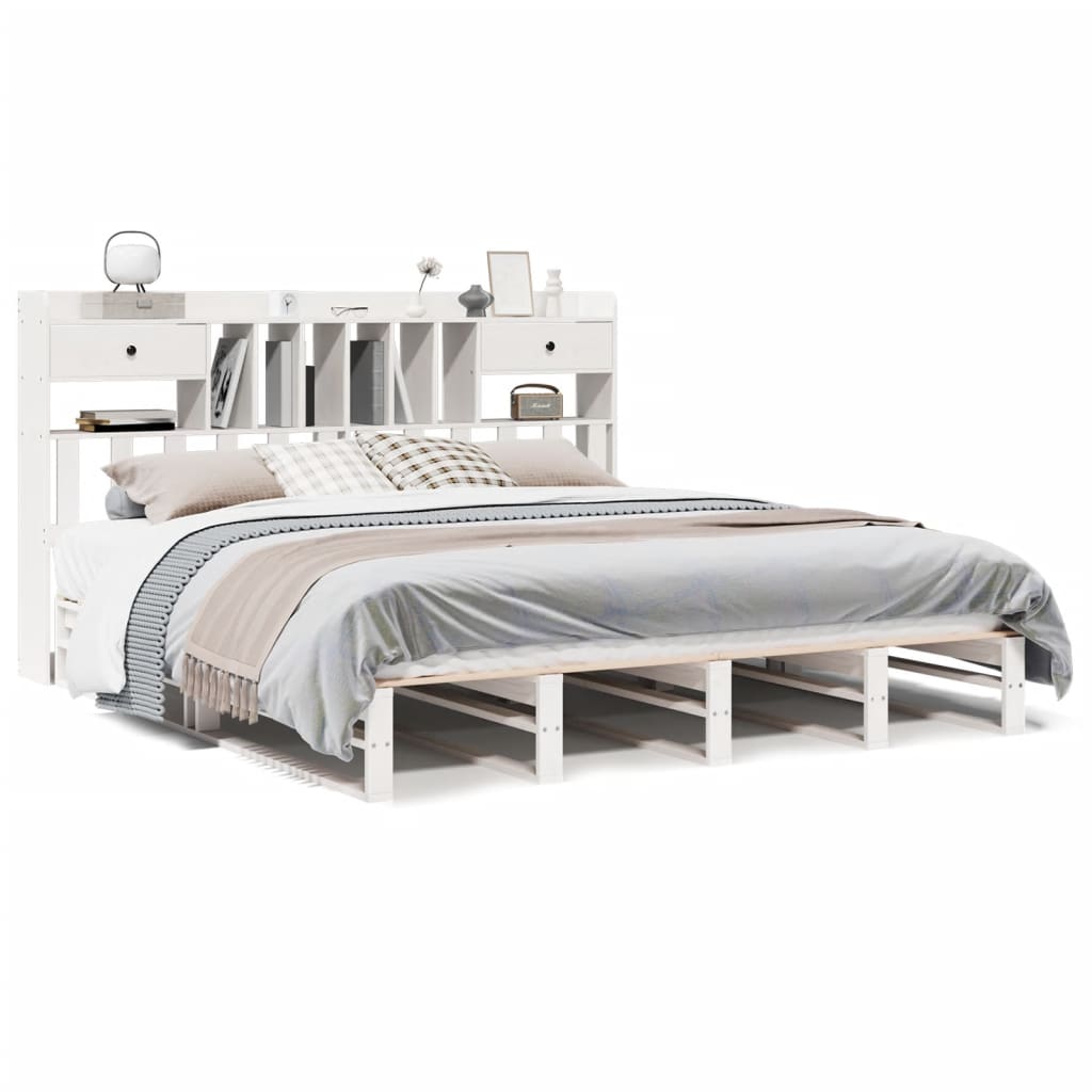 Solid Wood Bed with Shelf Without Mattress White 180 x 200 cm Pine