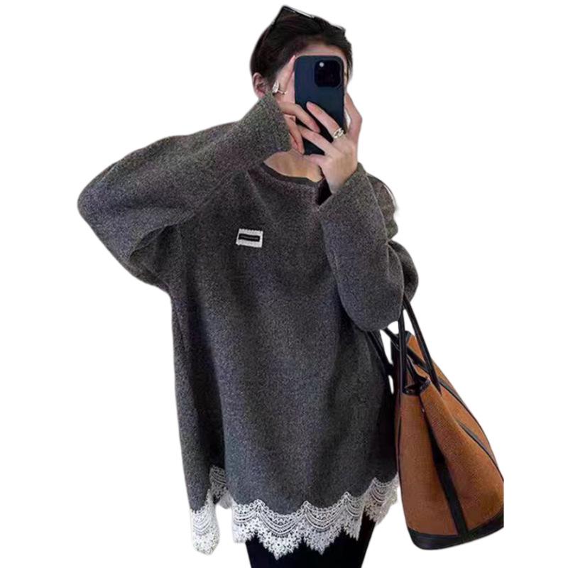 Korean Style Lace Patchwork Loose Sweater - Women's 2025 Winter Collection