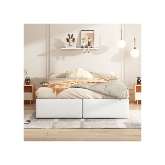 Lit rembourré - MUVOE - 140x200cm - Blanc - Support hydraulique - 2 tiroirs