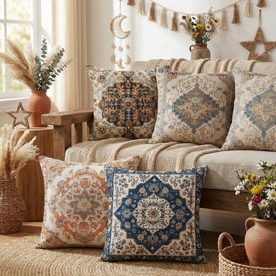Boho Throw Pillow Covers, 18 x 18 Inch Bohemia Ethnic Style Cushion Case, Decorative Pillowcase for Sofa Couch