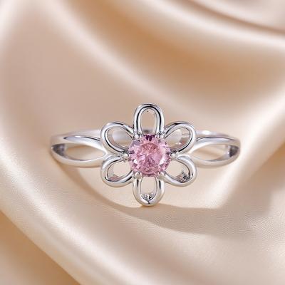 Cute Pink Zircon Hollow Flower Rings for Women Simple Silver Color Wedding Party Jewelry Gift
