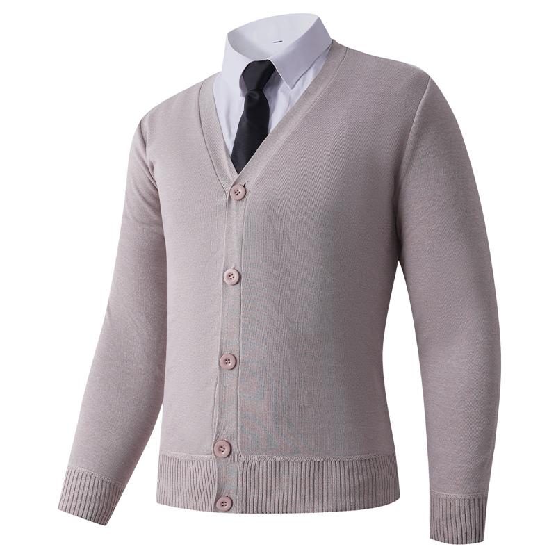 Jednobarevný knoflíkový pletený kardigan s dlouhým rukávem a ležérním pánským véčkovým výstřihem