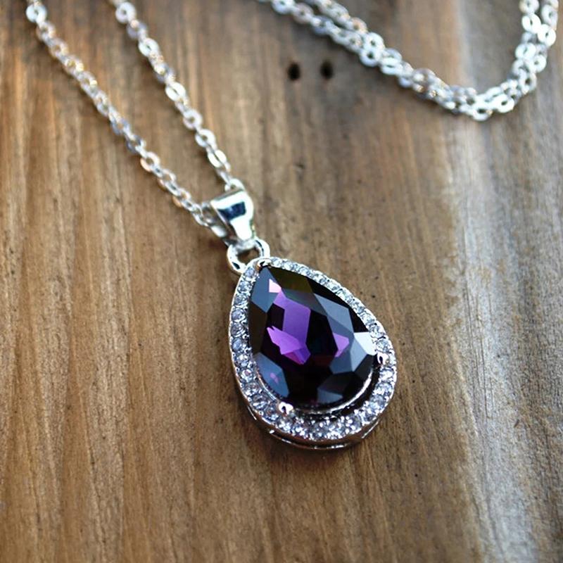 Huitan Waterdrop Purple CZ Pendant Necklace Wedding Anniversary Party Temperament Elegant Women's Accessories Fashion Jewelry