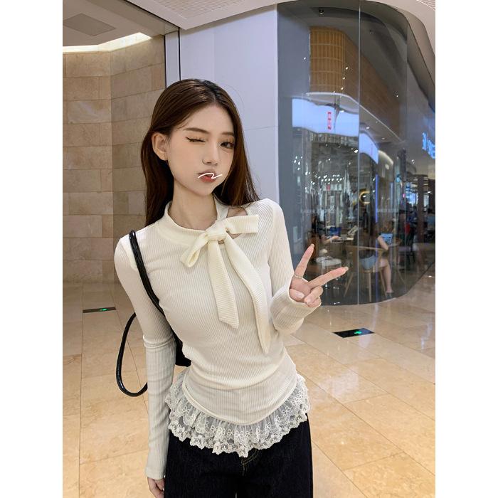 Bow hem lace splicing long-sleeved t-shirt women's spring and autumn French sense pure desire style slim-fitting bottoming top