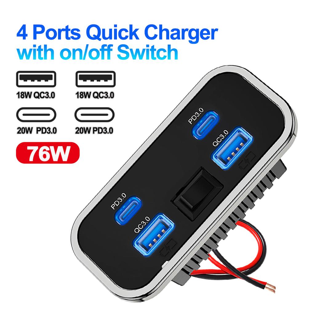 Car Charger Dual USB Type-C 4 Ports Quick Charging Socket QC3.0+PD3.0 Power Adapter For SUV RV Camping Bus Marine