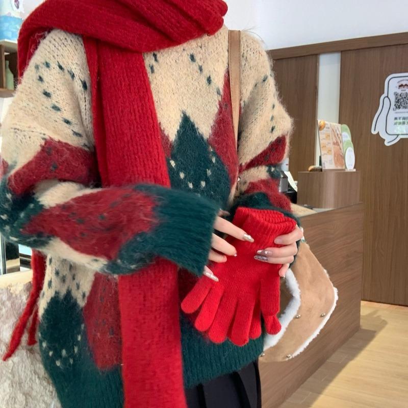 Autumn and Winter Vintage Print Pullovers Christmas Sweaters Women Fashion Loose O Neck Knitted Sweater Women Elegant Warm Casual Ladies Jumpers 25509