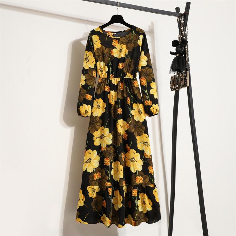 Fashion Long Sleeve Floral Printed Chiffon Dress Women Elegant Loose A-line Casual Long Dress Female High Waist Ruffled Office Lady Dress 1030