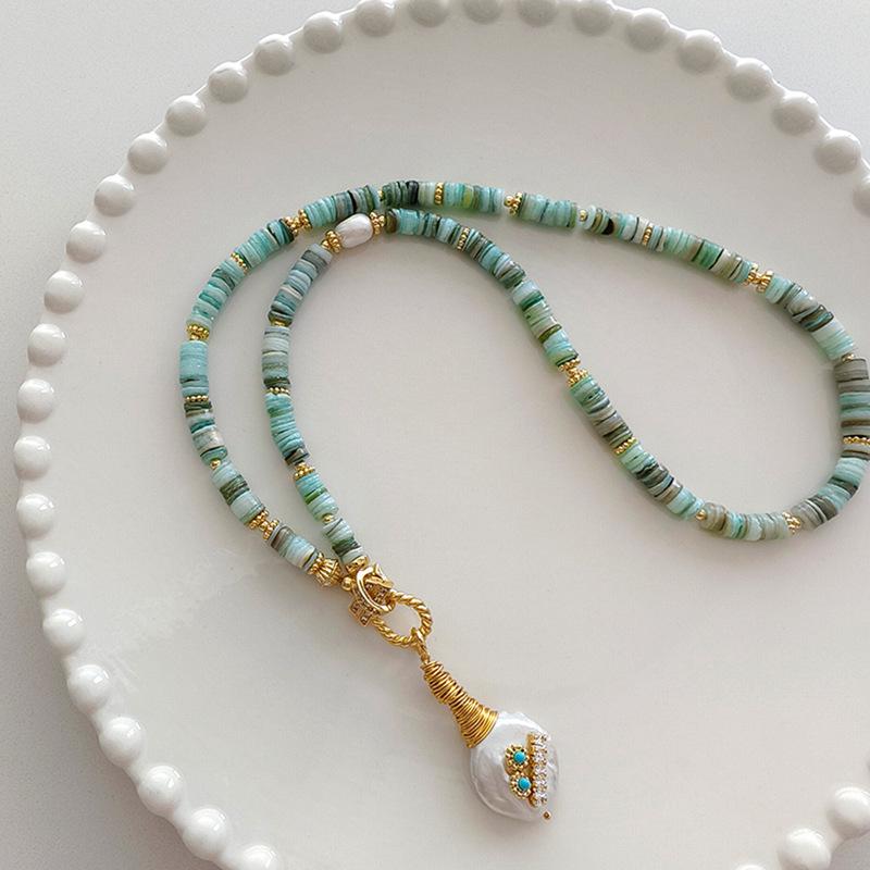 Baroque Freshwater Pearl & Zircon Clavicle Necklace with Green Shell & Turquoise Design