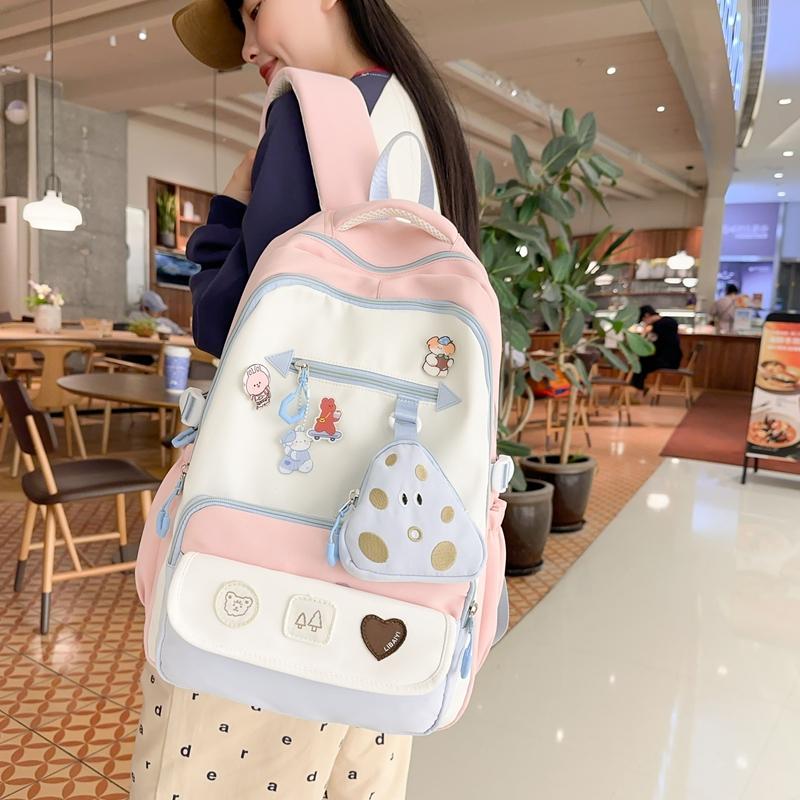 Schoolbag Women's Large Capacity Backpack Student Color Block Backpack with Coin Purse