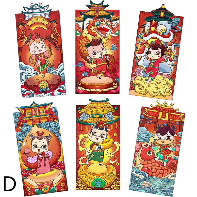 

2021 Китайский Красный конверт Лунный год Быка Коровы Быка Год Счастливые деньги Хунбао Пакет Праздничные денежные пакеты, упаковка из 6 штук D